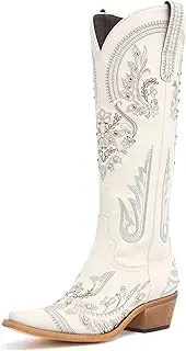 [vodvob] Western Cowboy Boots for Women Embroidered Rhinestones Knee High Cowgirl Boots Pointed Toe Chunky Heel Fashion Retro Classic Tall Boot