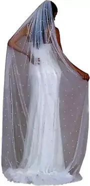 Pearl Chapel Length Wedding Bridal Veil with Metal Comb for Bride Ivory