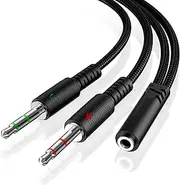 KOOPAO Headphone 3.5mm Splitter Mic Cable for Computer, Headset 3.5mm Female to 2 Dual Male Microphone Audio Stereo Jack Earphones Port to Gaming Speaker PC Adapter Black
