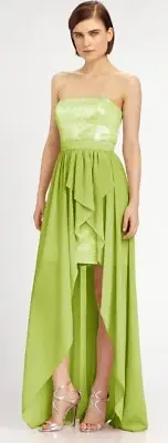 Aidan Mattox Sequin High Low Chiffon Overlay Strapless Chartreuse Gown Dress 2 6