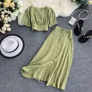 Set: Short-Sleeve Button-Up Cropped Top + A-Line Midi Skirt Red - One Size