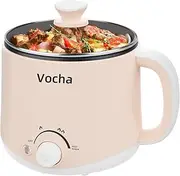 Vocha Electric Hot Pot with Keep Warm Function, 1.6L Non-Stick Electric Skillet, Portable Travel Cooker, Mini Multi-Cooker for Pasta Noodles, Soup, Boiled Eggs, Vegetables, Meat (Beige)