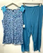 Jaclyn Smith Pajamas Capris & Sleeveless Tunic Teal Blue Animal Print NEW LG