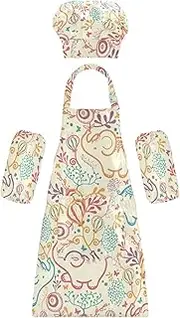 AIXIWAWA Kids Apron Chef Hat Set, Child Kitchen Bib Aprons Adjustable for Cooking Baking Painting (Cute Line Elephants)