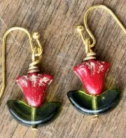 Red Flower Gold Dangle Earrings. Love. Bloom. Tulip. Rose Bud