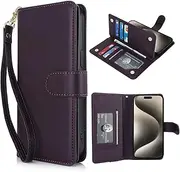 Procarcasa for iPhone 14 Pro Wallet Case,for iPhone 14 Pro Case [7 Card Holders][Wrist Strap] PU Leather Wallet Shockproof Stand Kickstand Magnetic Clourse Phone Cover-Dark Purple