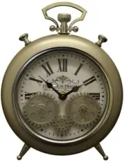(D) Metal Table Clock 10''x7'' Roman Numerals Moving Gears Vintage (Champagne)