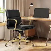 [Furb] Eames Office Chair with Adjustable Tilt Function, Lumbar Support Office Desk Chair, Adjustable Height Swivel Chair with Gold Armrests and Legs for Home （Black）