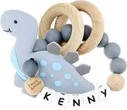 Baby Keepsake Rattles Personalised Name, Novelty Customized Rattle Shaker with Silicone Cartoon Dinosaur and Natural Organic Wooden Rings for Baby Boys and Girls Early Learning(Grey)