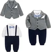 [famuka] Baby Boy Two Piece Suit Coat and Romper Outfit Infant Formal Suit Toddlers Wedding Tuxedo