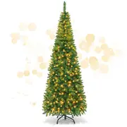 Costway Pencil Hinged Christmas Tree 350 LED Lights Pre-Lit PVC Xmas Decoration w/1085 Tips & Pine Needle Green