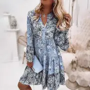 Women's Summer Bohemian Print Mid Length Loose Dress blue
