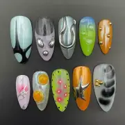 Colorful Y2K Freestyle Press-On Nails, Hand-Painted Reusable Gothic Fake Nails