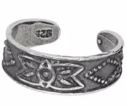 Sterling Silver .925 Flower Design Toe Ring Adjustable Size Oxidized Made In USA
