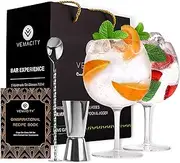 Gin Glasses for Gin Lovers-Set of 2 Handmade G&T Glasses (700ml) | Pro Cocktail Spoon and Double-Sided Jigger with Large Cocktail Glasses in a Gift Box- Authentic Copa Glasses by VEMACITY (Silver)