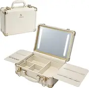 [Faquenc] Makeup Case with Light Up Mirror 3 Color Setting, Lighted Vanity Box Organiser Storage Suitcase, Travel Beauty Box with Light and Detachable Trays for Make up Tools Storage - White Leather