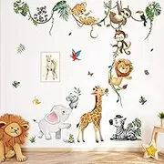 Safari Animals Wall Decals Jungle Animals Climbing Tree Giraffe Elephant Lion Wall Stickers Baby Nursery Kids Room Wall Decor