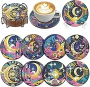 Muzagroo Art Diamond Painting Coasters Kit for Adults - Moon Coaster Art for Beginners, Stress-Reducing Handicrafts With Holder, Gem Art Paint by Diamond 8 PCS