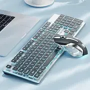 SEUNKWANG EWEADN V3 Wireless Keyboard and Mouse with Blue Backlit, Metal Panel, Bluetooth/2.4G Rechargeable Computer Keyboard and Mouse Combo Silent Lighted Full Size Cordless Keyboards-Black