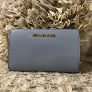 New MICHAEL KORS Jet Set Travel Leather Pale Blue Wallet Coin Zipper $168