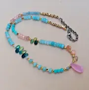 $248 Natural Gemstone Artisan Sundance Charm Necklace Aquamarine Rose Quartz new
