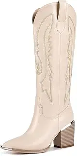 [ISNOM] Cowboy Boots for Women with Pointed Metal Toe, Cowgirl Boots Women Knee High with Block Chunky Heel Long Western Boots for Women