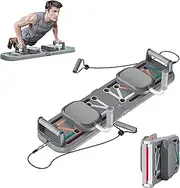 Foldable Pilates Reformer Set, Fitness Equipment, Multifuctional Pilates Board ab Roller Exercise Wheel with Elbow Support and Resistance Bands, 300kg Capacity Adjustable Press Up Equipment