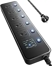 Zumist Power Board Individual Switch - 3250W Power Strip with 5 AC Outlets, 2 USB A and 4 USB C, Powerboard 1.8M Extension Cord for Home and Office, Overload Protection (Black)