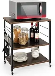 Costway 3-Tier Baker’s Rack, Kitchen Utility Serving Cart w/ 10 Removable Hooks, Standing Microwave Shelf Metal Frames w/Lockable Casters for Coffee Restaurant Hotel (Rustic Brown)