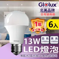 在飛比找Yahoo奇摩購物中心優惠-【Glolux】(6入組) LED 13W燈泡 高亮度 E2