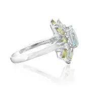 Sterling Silver 2.41 Carat Sky Blue Topaz, 0.80ct Peridot & 6Diamonds Ring, M