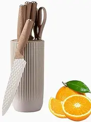 Knife Sets, 6 PCS Kitchen Knife Sets with Block, Knife Sets with Chef's Knife, Santoku Knife, Bread Knife, Paring Knife, Kitchen Shear and a Knife Block, Khaki