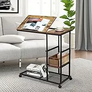 Luxsuite Sofa Side Table with Wheels Height Adjustable C End Table with Laptop Stand Mobile Couch Tables with Tiltable Top Board Snack Table with Storage Shelves Living Room Bedroom Furniture