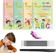 Grooved Handwriting Book - 4- Kids Magic Ink Writing Copy Books with & Aid Tool | Kindergarten Alphabet Number Painting Handwriting Practice Copybook for