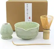 Matcha Whisk Set, Japanese Tea Set includes Matcha Bowl with Spout, Matcha Whisk and Holder, Bamboo Matcha Scoop - 4 Pcs Ceremonial Grade Matcha kit for Matcha Tea Lovers (Jade Green)