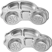 GOKENA 2 Pcs Stainless Steel Kids Plates, Divided Meal Tray, Portion Control Platter with 5-Compartment, Divided Food Tray, Car Shape Plate for Adults Kids, Camping, Lunch and Dinner