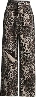 [POOPMOOM] Leopard Print Jeans Ripped Jeans Womens Baggy Pants Y2k Wide Leg Jeans Vintage Pants Streetwear