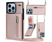 PU Leather Phone Case for Women-Gold, IPhone 15 Pro Max 6.7 Inch Wallet Case With Wrist Strap