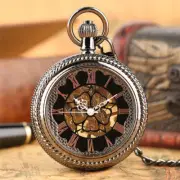 Copper Pocket Watch Skeleton Hand Winding Mechanical Gift for Men Friend Chain