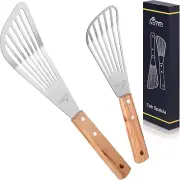 Stainless Steel Thin Slotted Fish Turner Spatula, Wooden Handle with Sloped...