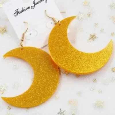 Womens Bohemian Glitter Gold Acrylic Witchy Crescent Moon Dangle Earrings