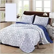 Quilt King-106x92 Reversible 3-Piece Full/Queen-88x92 White/Blue Embroidery Pattern Quilt Set Soft Bedspread Coverlet Set (1 Quilt, 2 Pillow Shams) (Color : White/Blue, Size : 269x234cm-106x92)