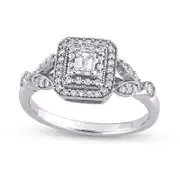 0.50 CT. T.W. Emerald-Cut Natural Diamond Double Frame Leaf-Sides Antique Vintage-Style Engagement Ring in Solid 10K White Gold
