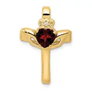 14k 6mm Claddagh Garnet Natural Diamond Cross Pendant