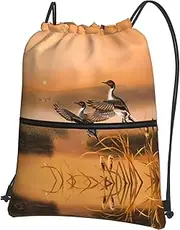 EdWal Oil Painting Duck Print Drawstring Backpack Gym Bags Sports Bags With Zipper Pocket For Travel Swimming Beach, Black, One Size