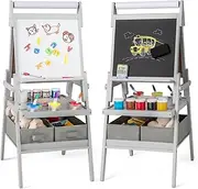 BABY JOY 3-in-1 Art Easel for Kids, Standing Double-Sided Easel w/Chalkboard & Whiteboard, Paper Roll, 3 Paint Cups & 2 Fabric Storage Bins, Creative Toy for Boys and Girls Aged 3-6 Years Old