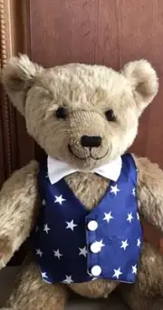 NAVY BLUE & STARS LARGE VEST AND WHITE BOW TIE HANDCRAFTED TEDDY BEAR CLOTHES