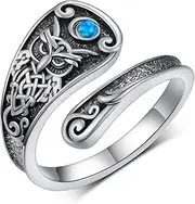 [Fuguangju] Owl Spoon Ring 925 Sterling Sliver Opal Owl Thumb Ring Adjustable Open Ring Owl Jewelry Gifts for Women, Sterling Silver, Opal