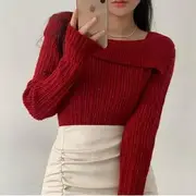 Long-Sleeve Square Neck Plain Ribbed Knit Top Red - One Size