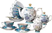 ACMLIFE Tea Sets for Adults, Tea Party Set for Women Blue and White, Cup and Saucer Set for 6, Fine Coffee English Vintage Porcelain Luxury Bone China Wedding Floral Tea Cup Set with Teapot for Gift